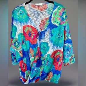 JPR Studio 3/4 Sleeve Pointelle Knit Surplice Sweater Green/Blue/Red Floral XL